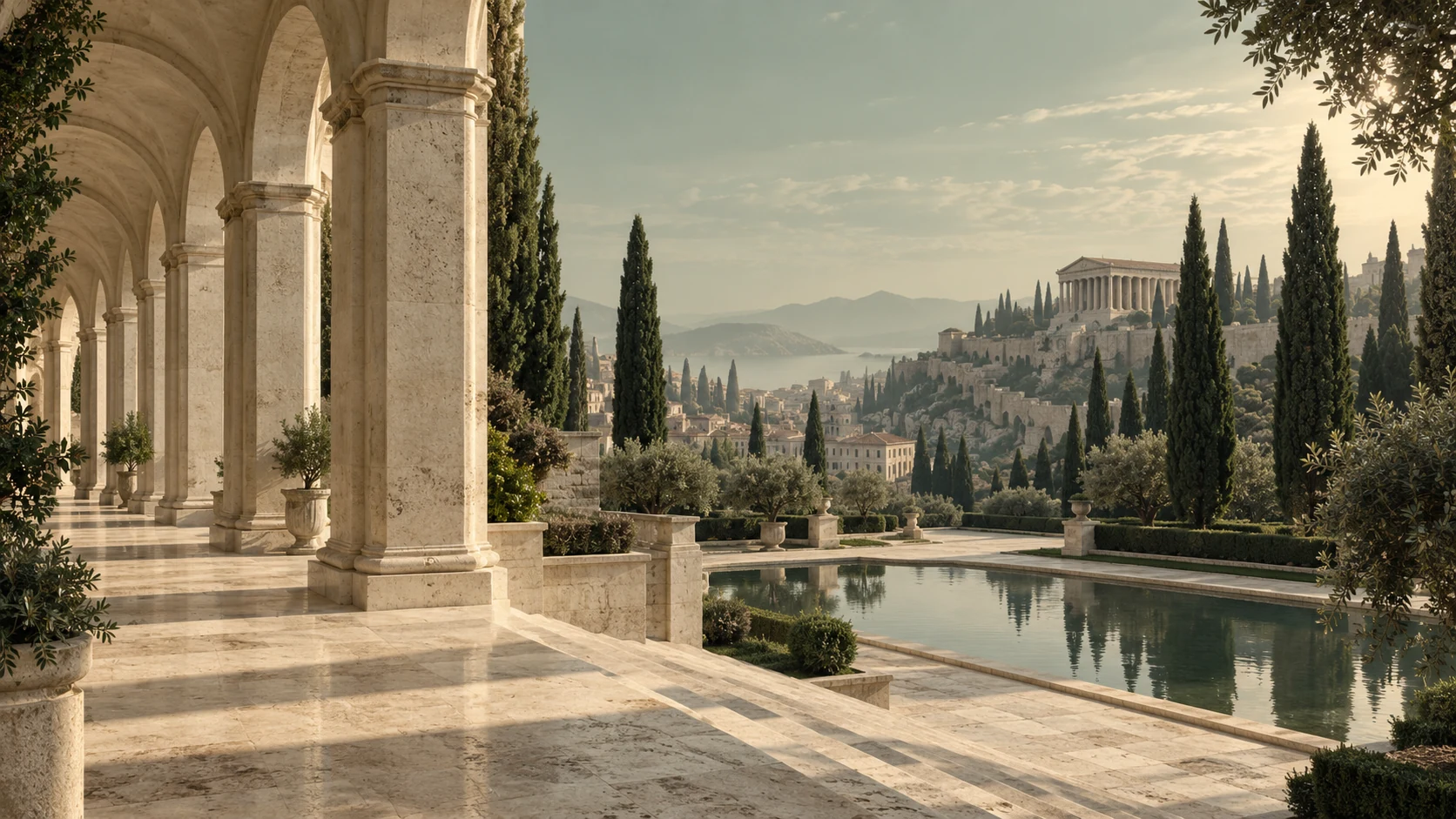 An ivory stone colonnade beside a reflecting pool and cypress gardens
